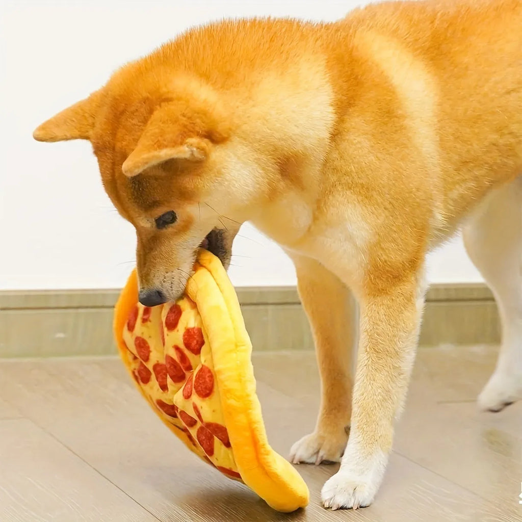 Yellow teddy bear shaped pizza dog chew toy with squeaker.