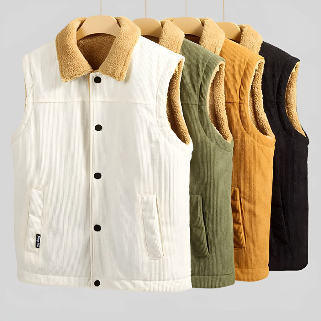 Men's corduroy flip collar jacket in Army Green, shown on model, with full front view