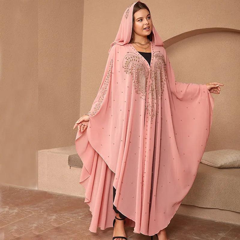Muslim style chiffon shawl with rhinestone beading in purple colour, showing adjustable length drape