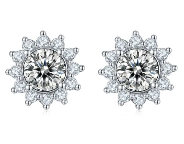 925 silver three piece jewellery set with moissanite pendant, stud earrings, and bracelet on white background