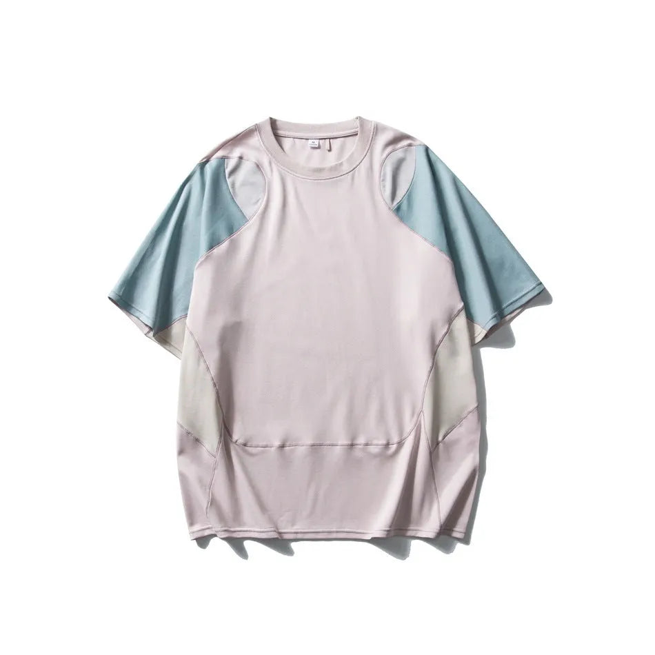 Men's loose blue patchwork short sleeve t-shirt on a hanger.