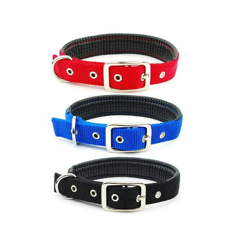 Black nylon reflective dog collar with buckle closure on a light background