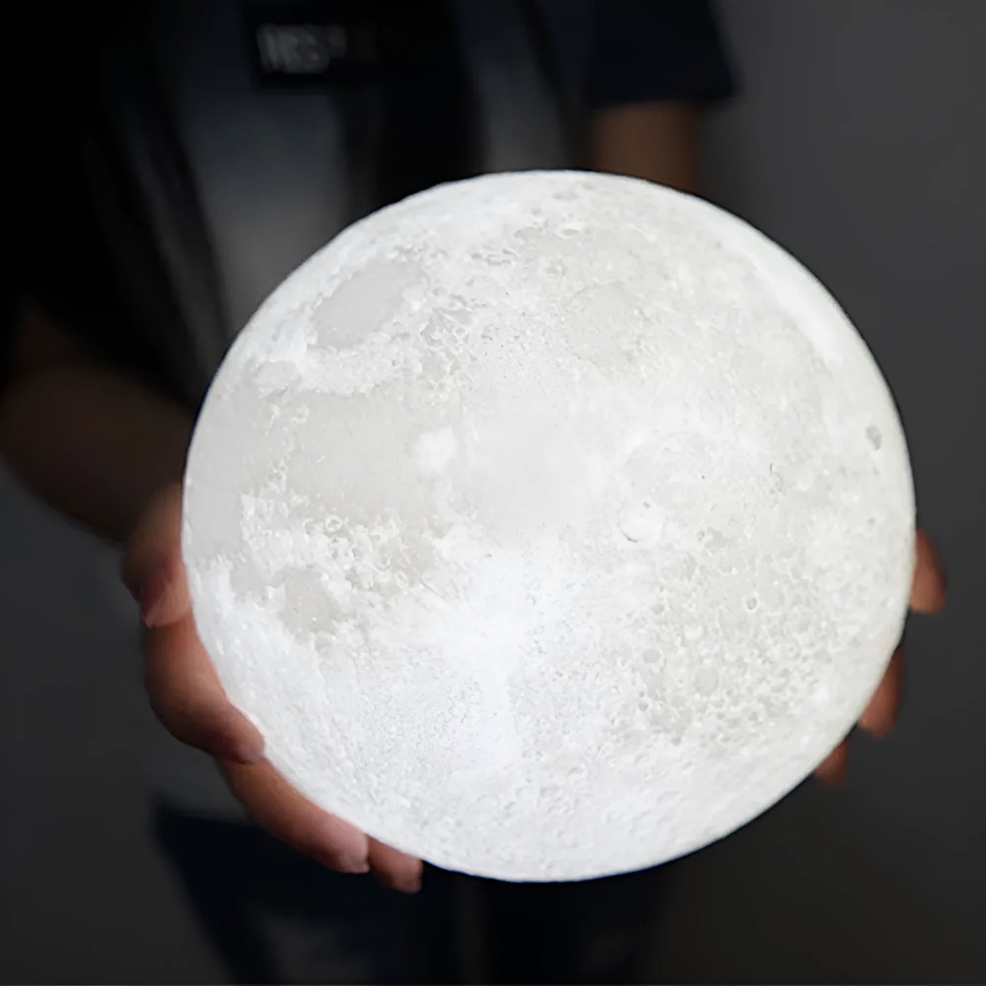 3D printed moon lamp with touch metal ring control on wooden stand, showing white and yellow light settings