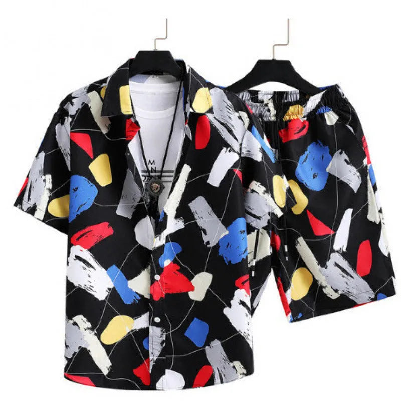 Men's light blue digital print short sleeve cardigan and shorts casual suit set.