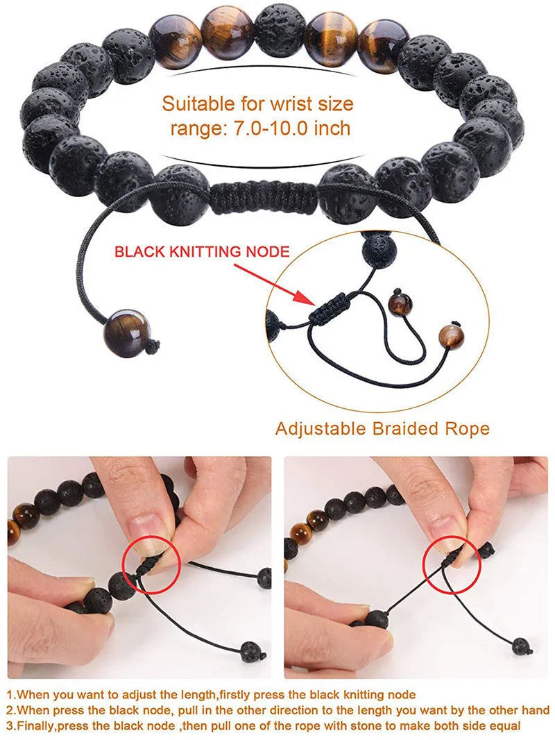 Matte black agate couple bracelets with geometric tiger eye beads
