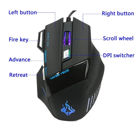 Glow wired optical gaming mouse with seven buttons and colourful LED lighting in black