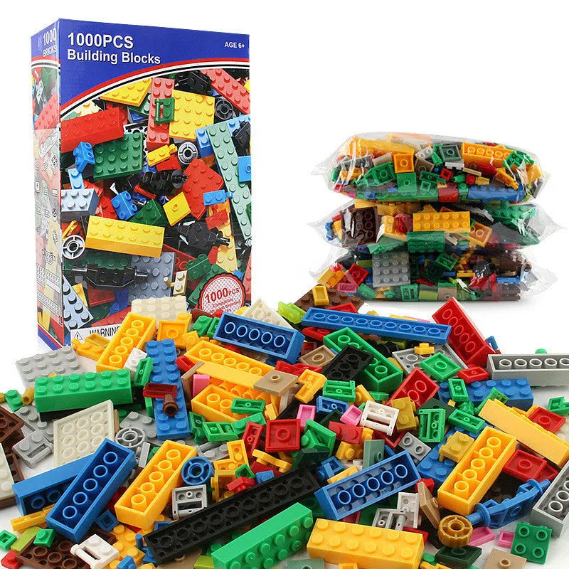 1000 red ABS plastic granular building blocks in a bulk box for creative construction play