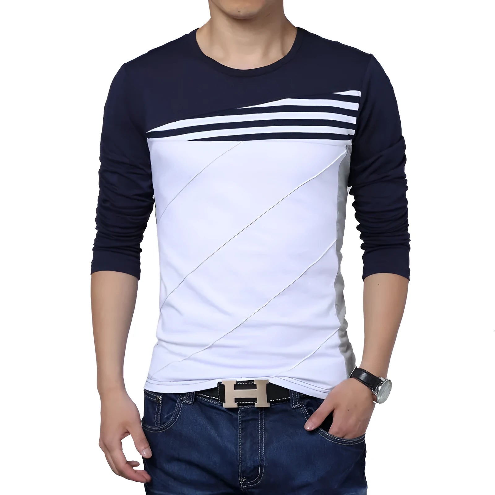 Colourblock T-shirt with white contrast collar for business gentlemen over 35, made from combed cotton and viscose blend