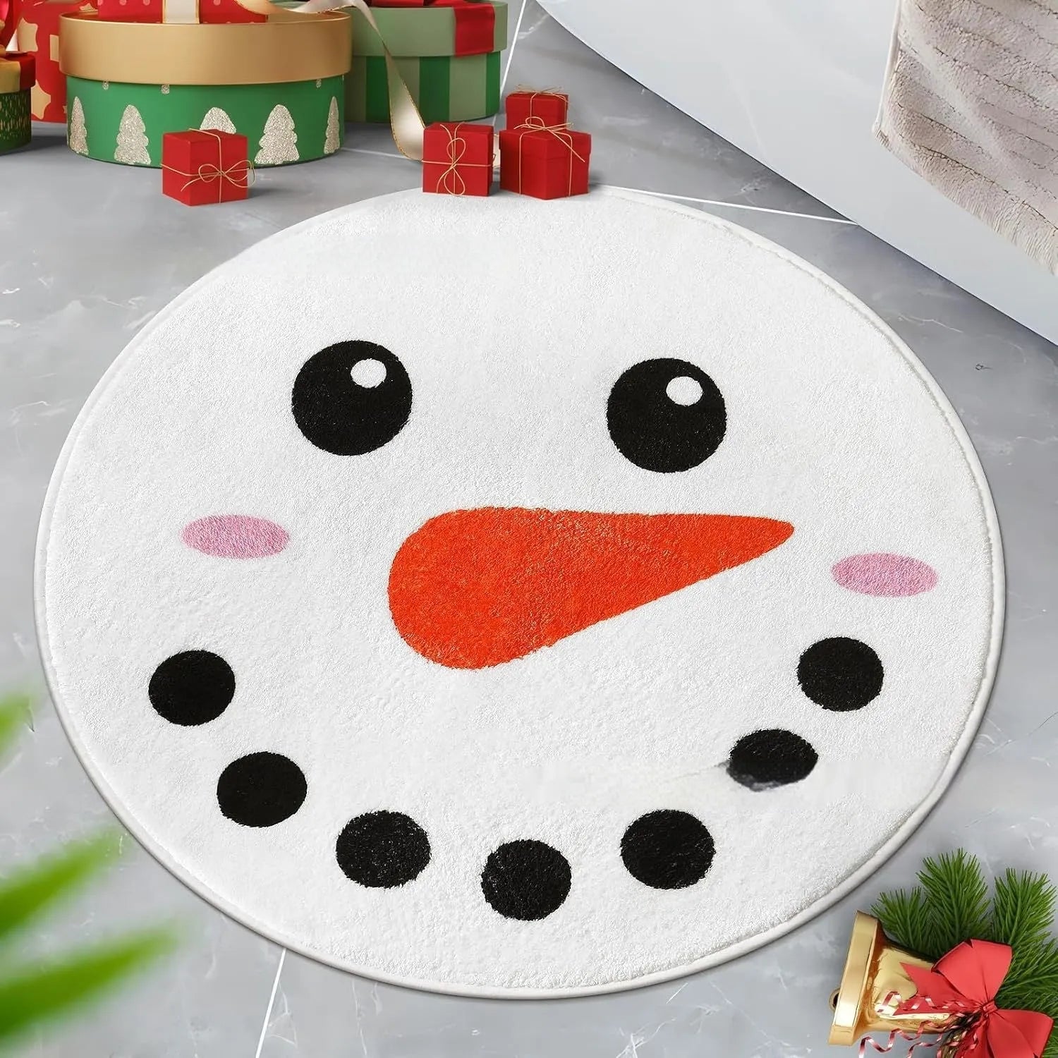 Round Christmas carpet with festive blanket design on floor beside holiday decorations