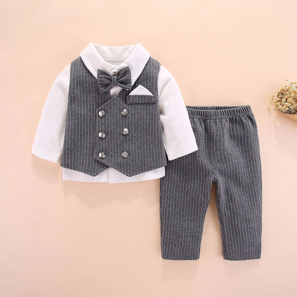 Baby new style gentleman split clothes set in grey including vest, trousers, and shirt, 95% cotton, sizes 3-12 months