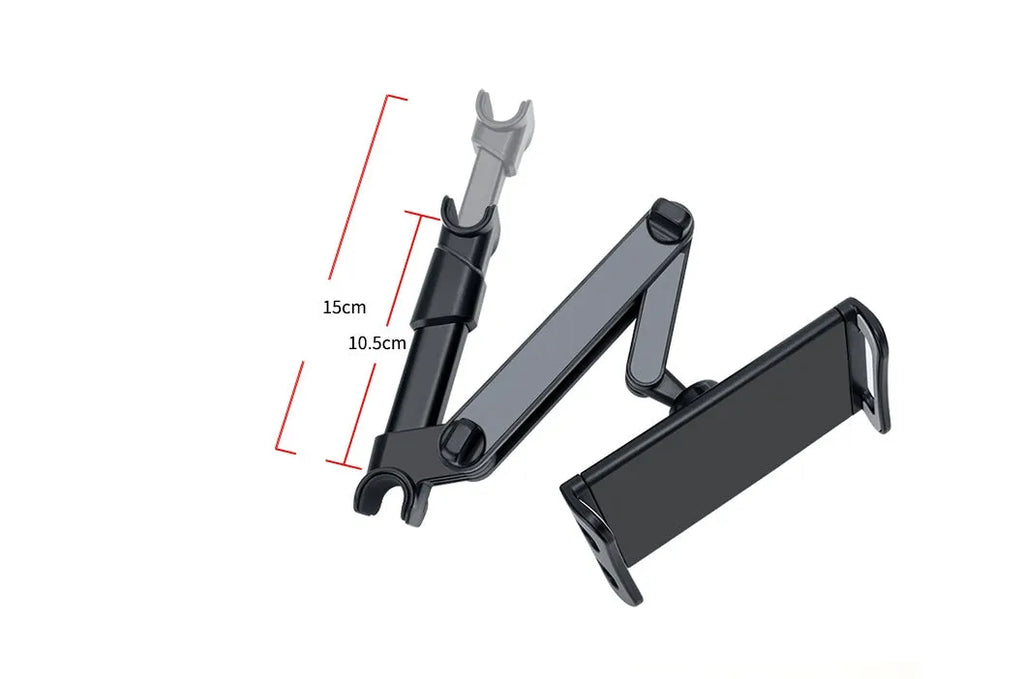 Black universal car phone holder mounted on rear seat centre armrest with tablet secured in snap-in mount