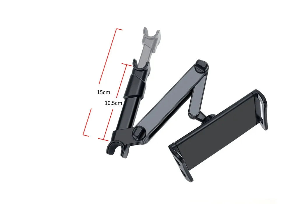 Black universal car phone holder mounted on rear seat centre armrest with tablet secured in snap-in mount