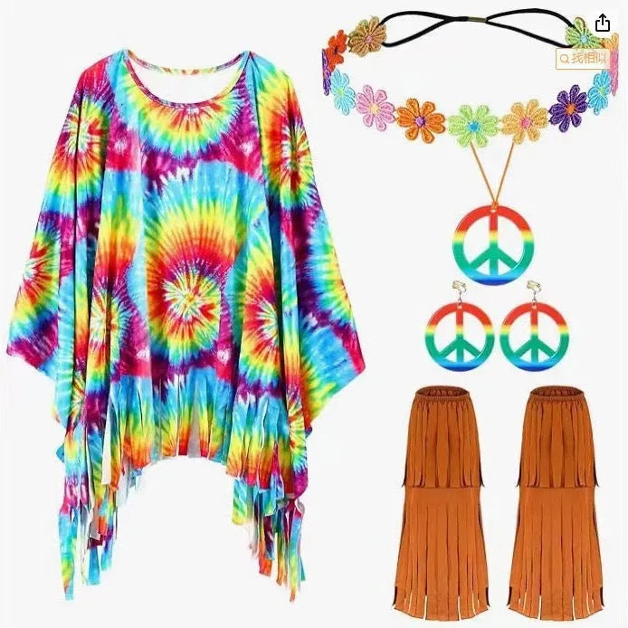 Tie dye cloak costume with bell sleeves in colourful pattern, free size spandex Halloween party clothing