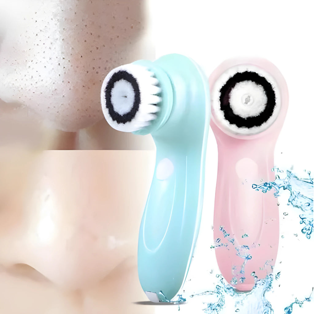 Rechargeable waterproof electric face brush in blue on a white background with USB charging cable