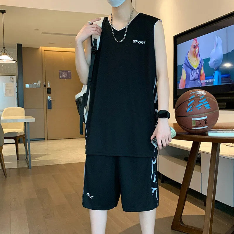 Basketball wear sleeveless vest and shorts sports suit in white, polyester fibre, summer training