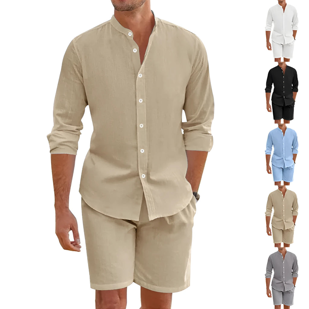 Men's summer short sleeve shirt and drawstring shorts suit in hemp blend fabric