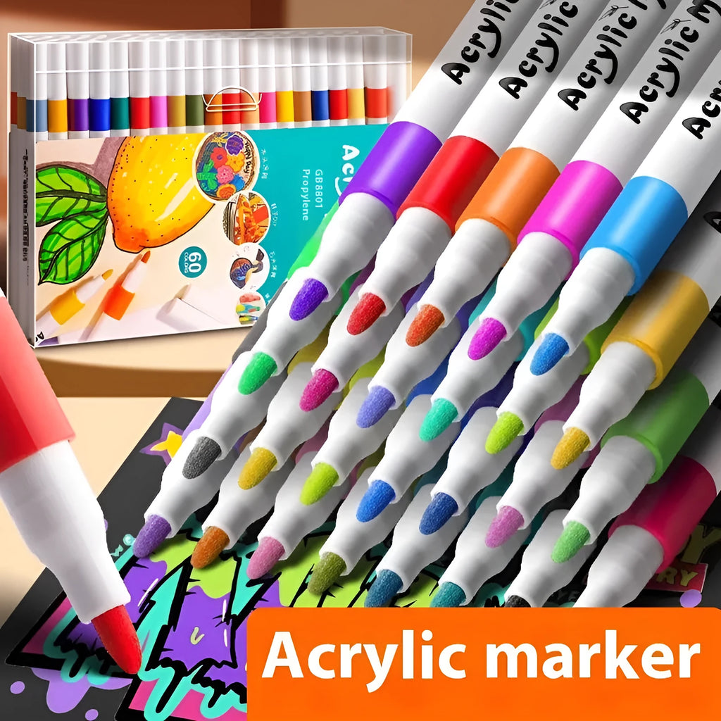 Box of acrylic marker pens for student painting with true colour pigments in multicolour assortment