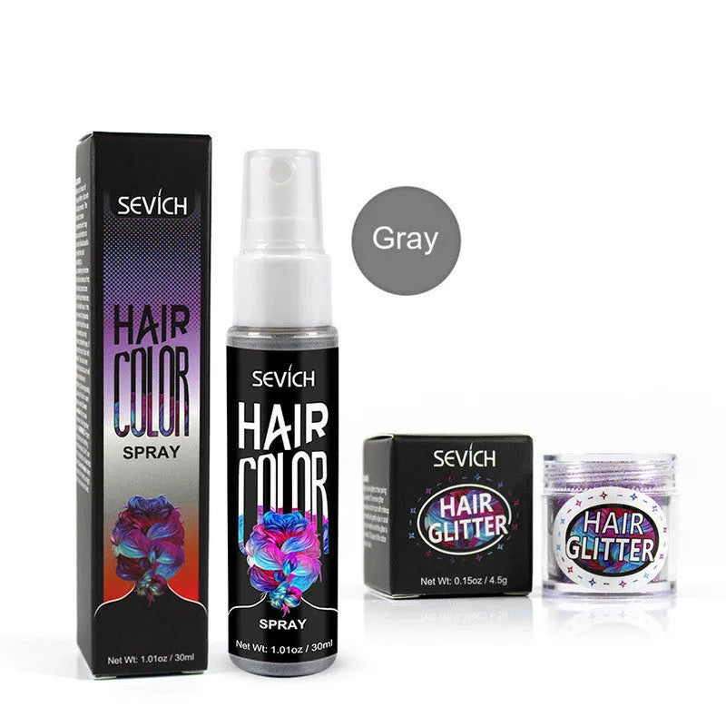 Disposable hair dye spray canister with temporary colour options in blue, grey, pink, purple, red, and white shades