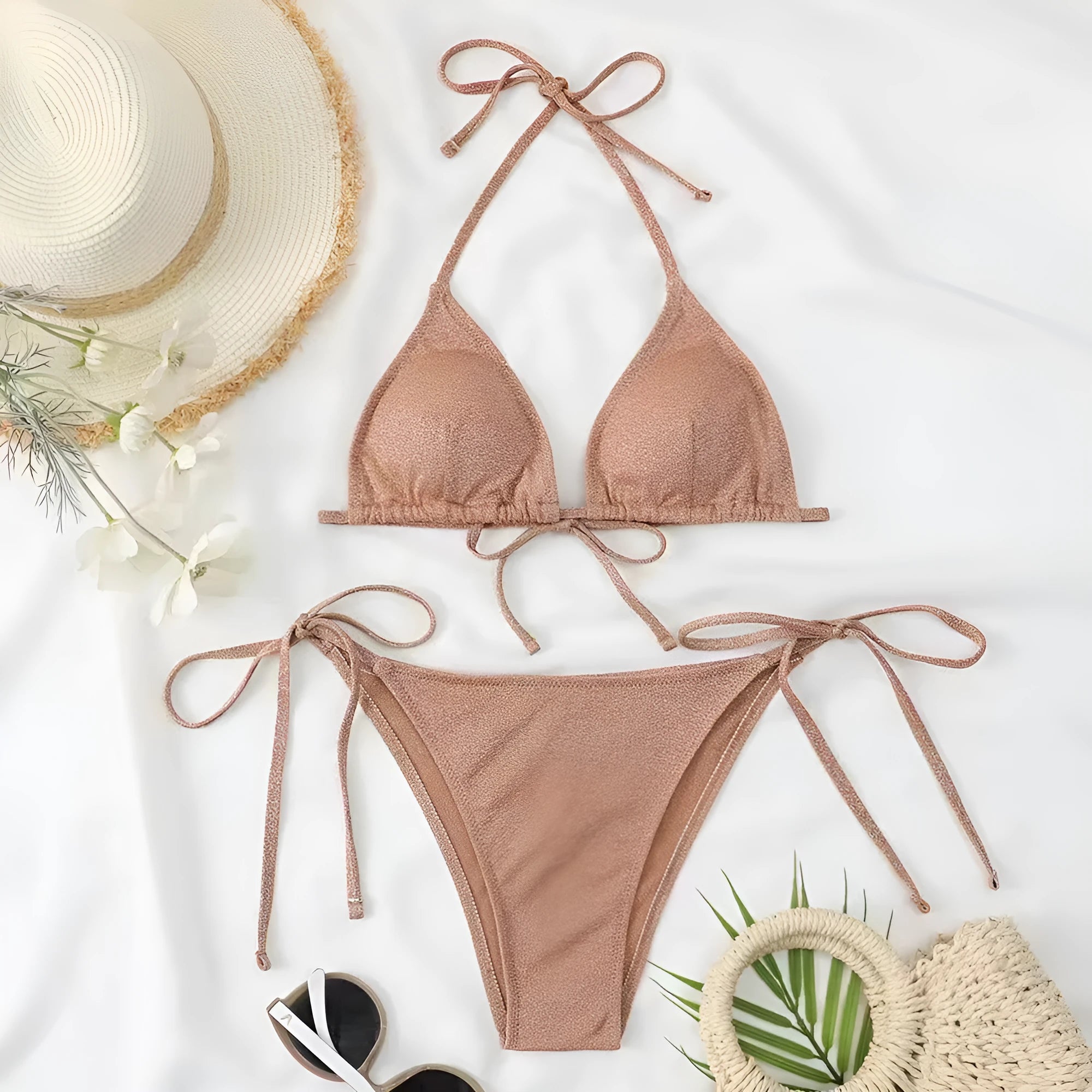 Women's bandage bikini swimsuit with split design in khaki gold colour