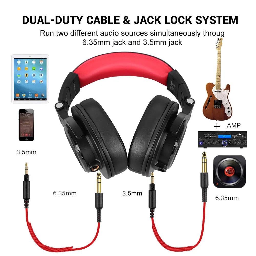 OneOdio black and red over-ear studio monitoring headphones with 40mm speaker drivers