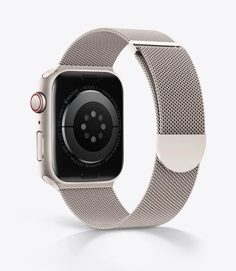 Metal stainless steel watch band for iWatch, starlight colour, 42/44/45/49mm size, metal links on white background