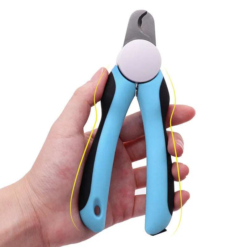 Blue heavy-duty dog nail clippers with safety guard for large breeds, shown with size scale.