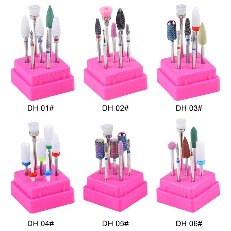 Set of seven tungsten steel nail drill bits and a brush in a clear plastic case for nail polishing