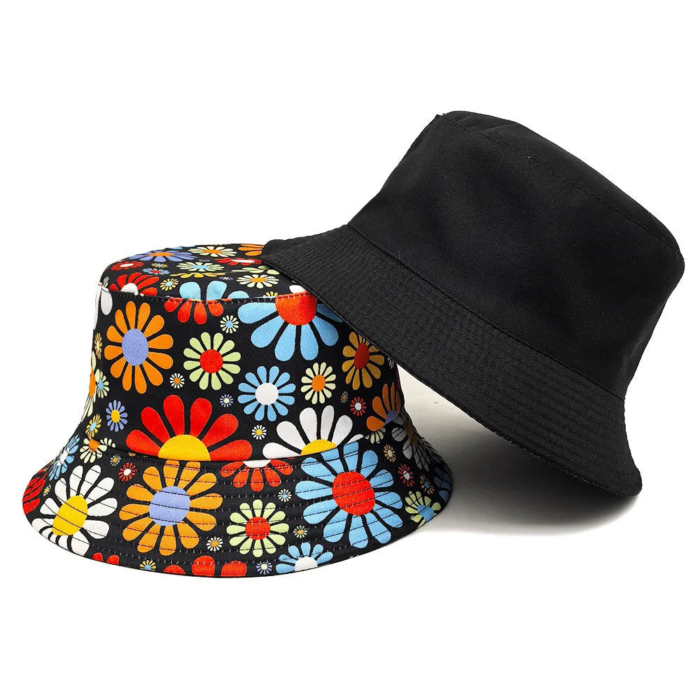 Flower pattern bucket sun hat with dome crown in polyester fabric