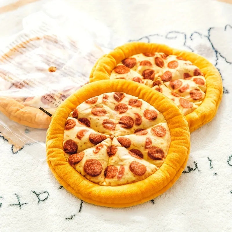 Yellow teddy bear shaped pizza dog chew toy with squeaker.