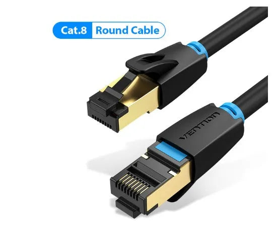 CAT8 flat and round Ethernet network cables with RJ45 connectors in various lengths from 0.5 to 10 metres.