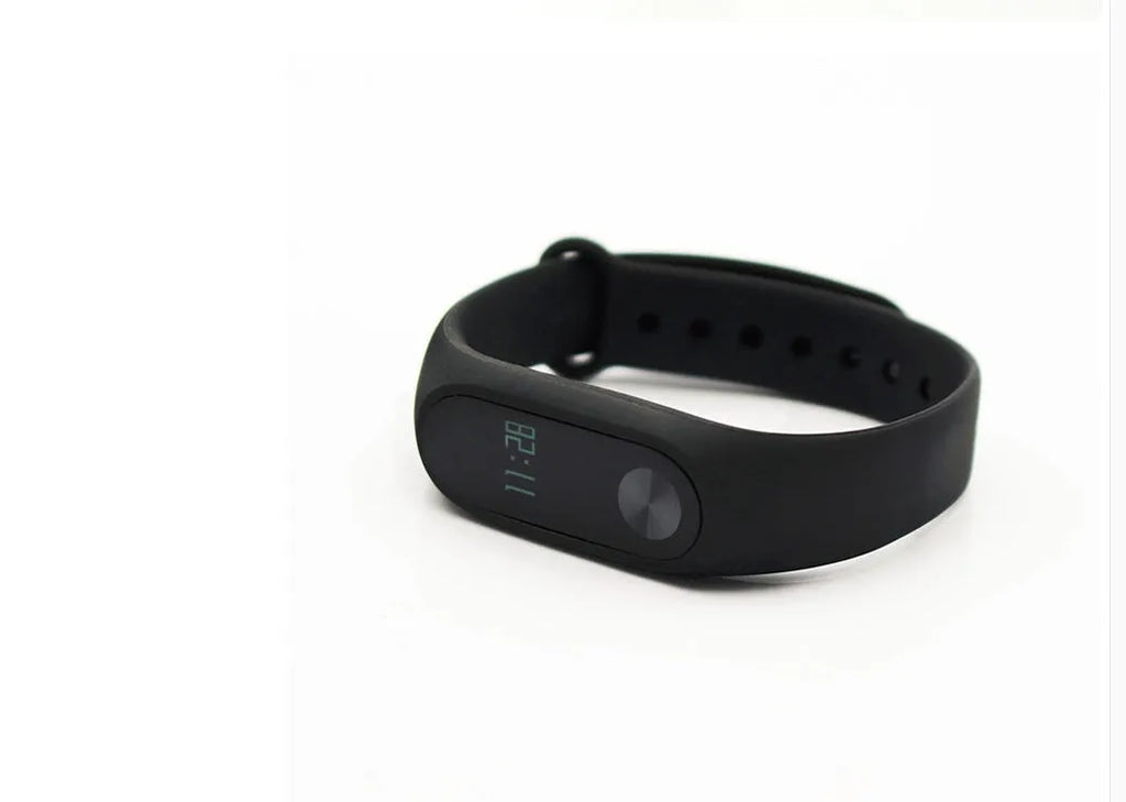 Black Xiaomi Mi Band 2 fitness tracker with OLED screen on adjustable wrist strap