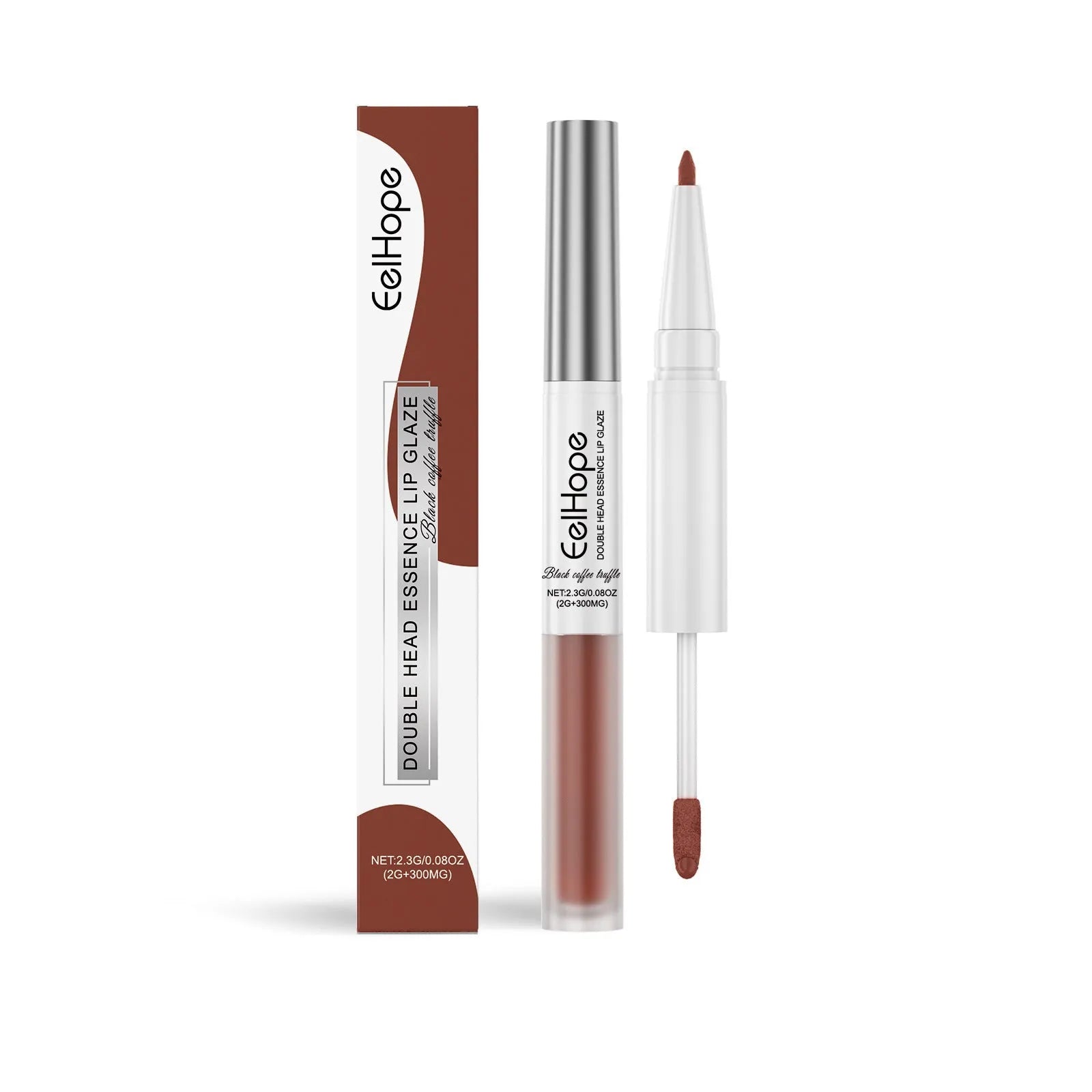 Double-headed retractable lip liner and lip lacquer pen in lipstick-style packaging
