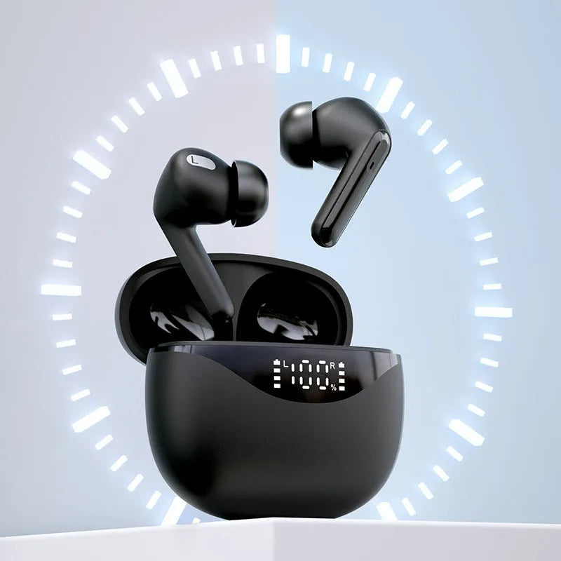 Wireless Bluetooth TWS noise reduction earbuds in black and white with compact charging case