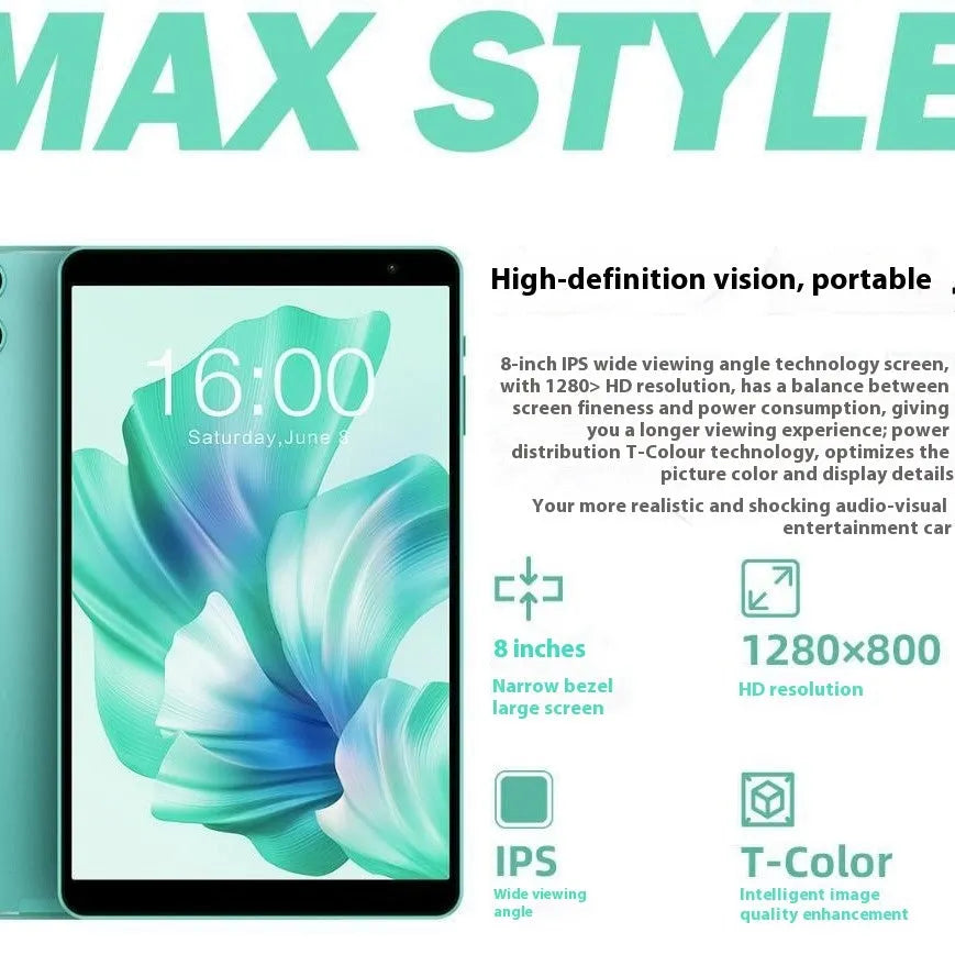 Android 13 tablet 8-inch HD screen green front view with dual camera