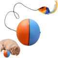 Interactive cat toy ball with plush mouse attachment in blue and orange colours