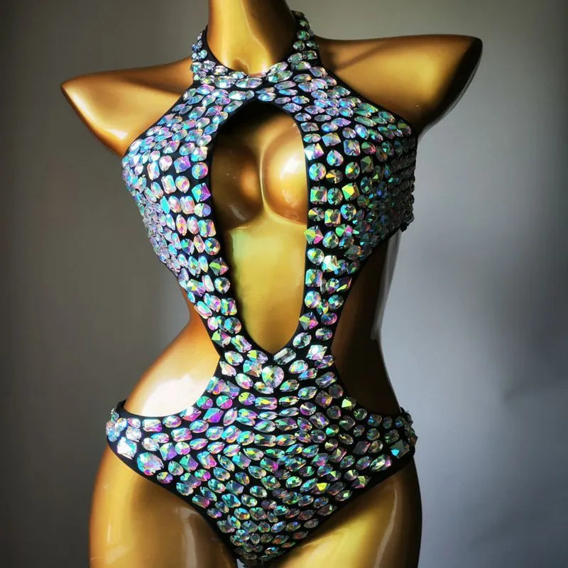 Women's one-piece mesh diamond swimsuit in Army Green colour, made from nylon with polyester lining.