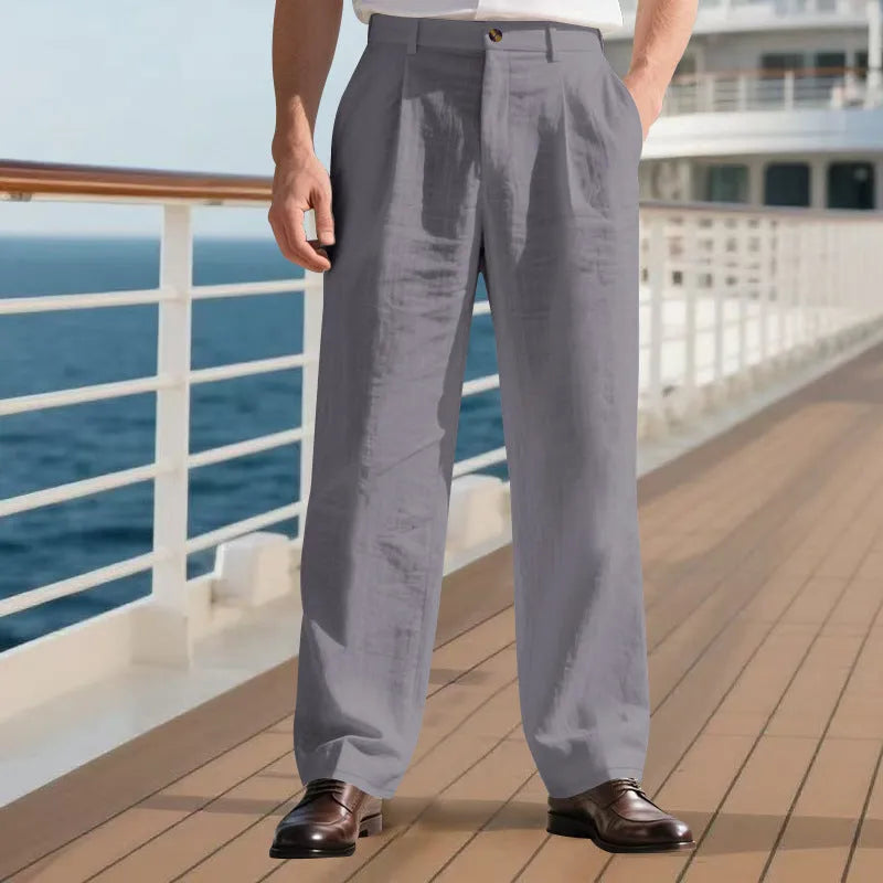 Straight leg linen blend trousers in dark gray on a model, mid-waist, zip placket, loose fit daily wear