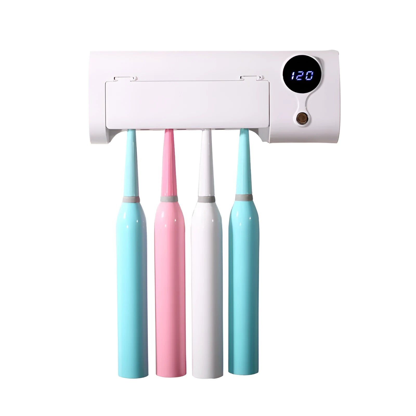 White wall-mounted smart toothbrush sterilizer with UV disinfection and USB charging port