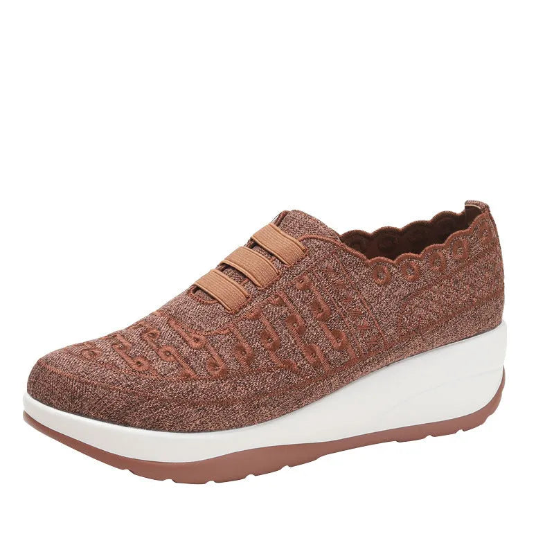 Women's fly woven mesh slip-on wedge shoes in black – breathable lightweight casual footwear with round toe and leather lining