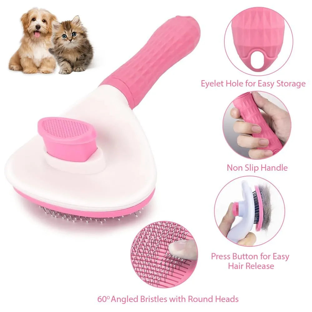Blue cat grooming brush with release button for removing loose fur and tangles.