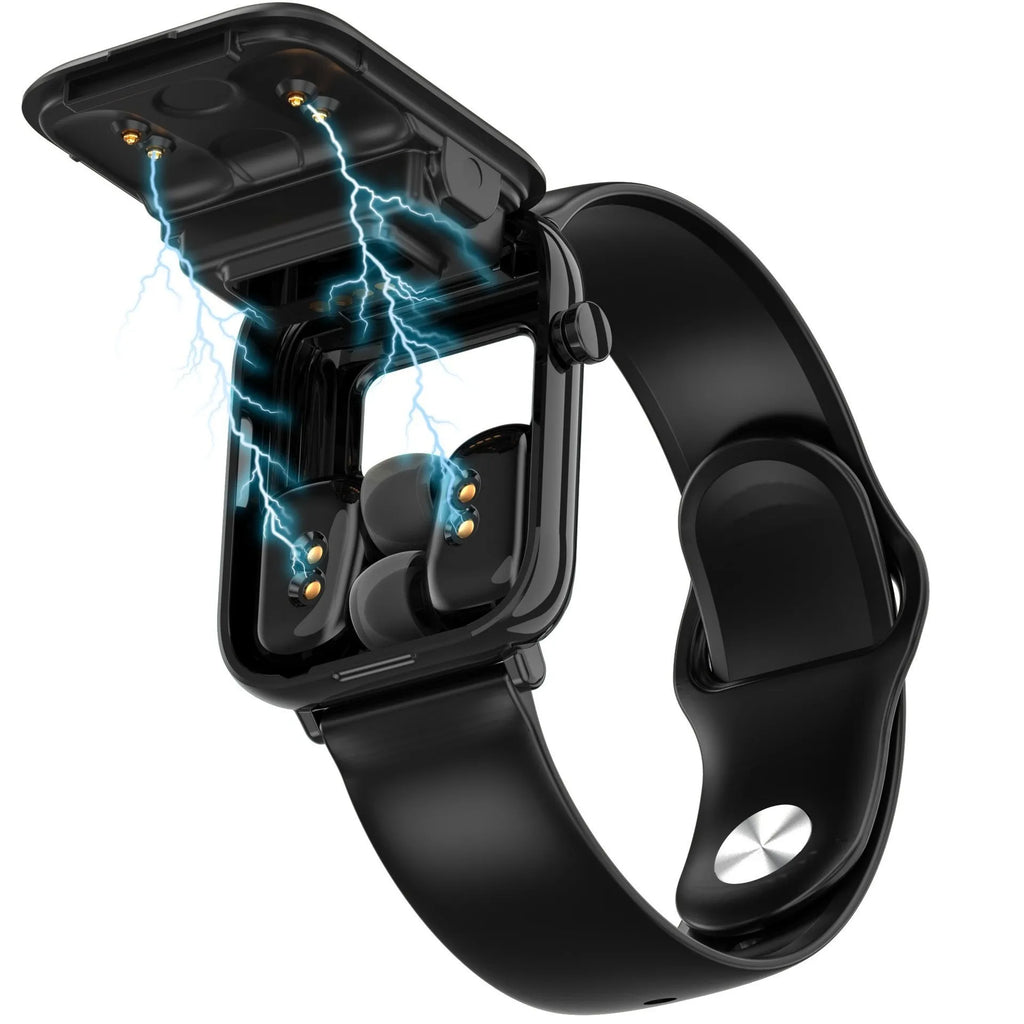 Black all-touch smartwatch with Bluetooth headset, zinc alloy body, and 1.69-inch screen.