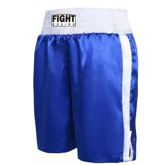 Black and white striped boxing shorts with elastic waistband and side slits for kickboxing training.