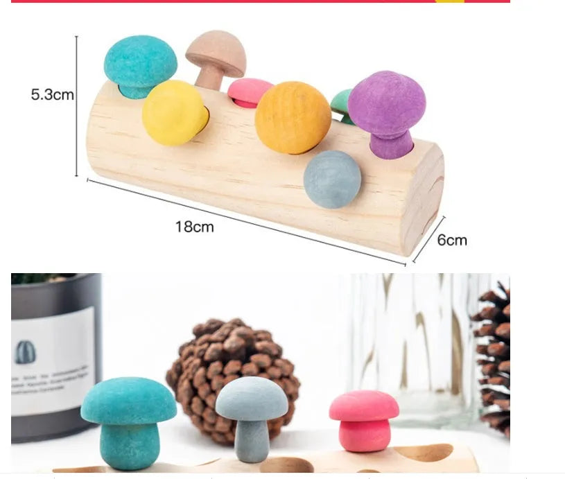 Wooden simulation mushroom picking game puzzle toy in wood colour on white background