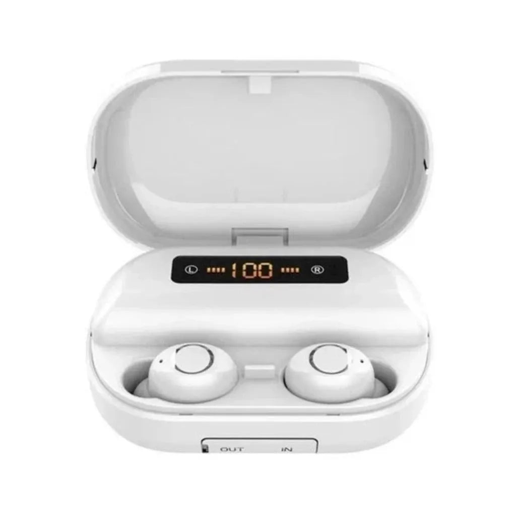 V11 Bluetooth true wireless earbuds in charging case with digital display, black and white options