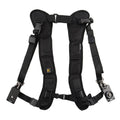Black professional dual SLR camera strap showing two camera connection points and shoulder padding