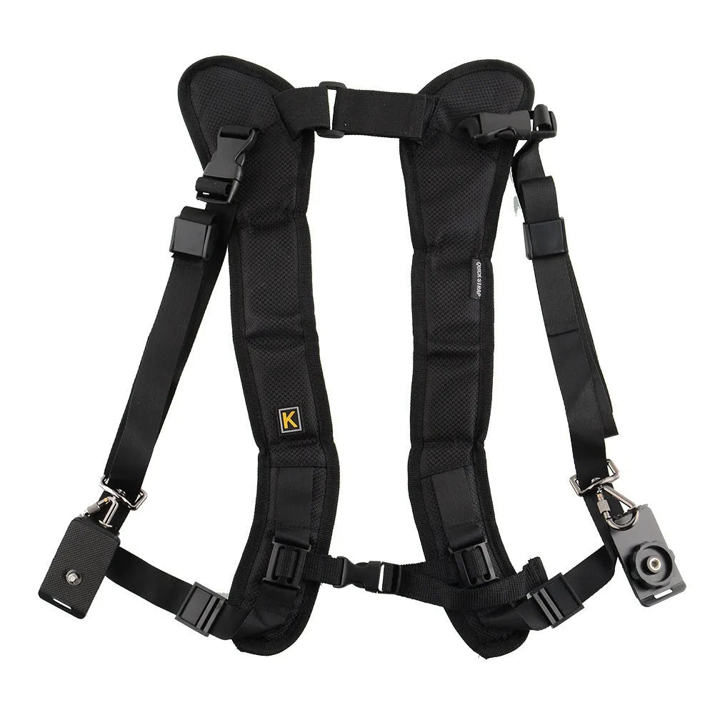 Black professional dual SLR camera strap showing two camera connection points and shoulder padding