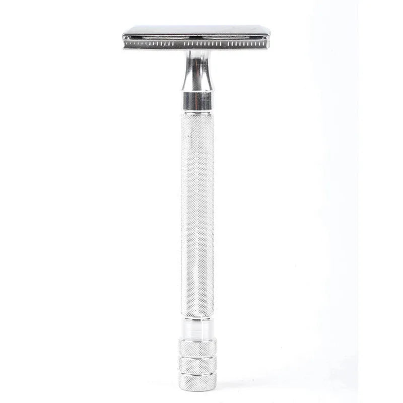 Manual beard scraper and brush set in black or silver metal finish