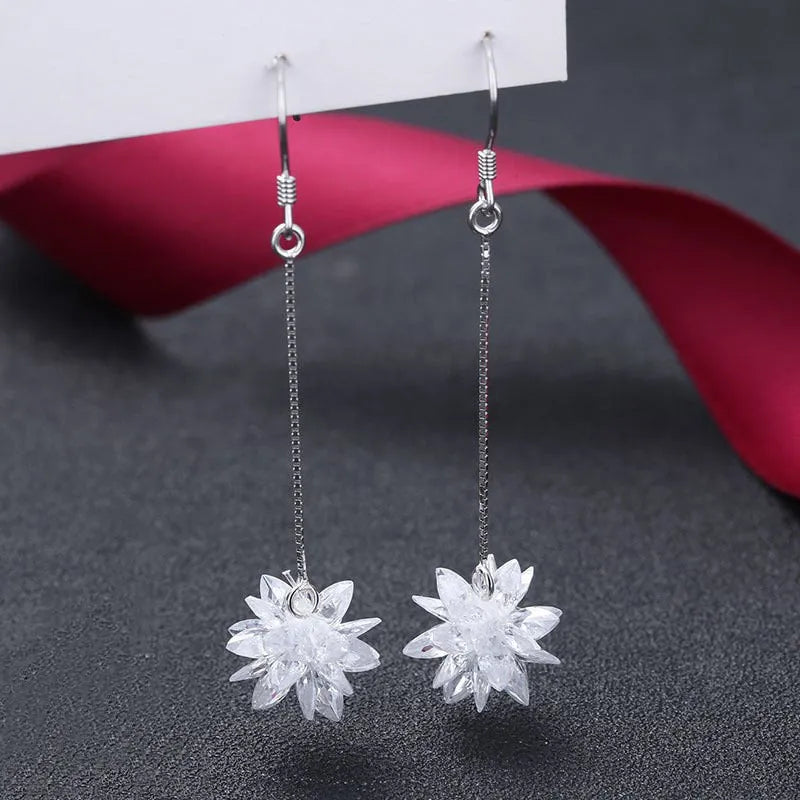 S925 sterling silver ice flower long hook earrings in platinum colour with line detailing