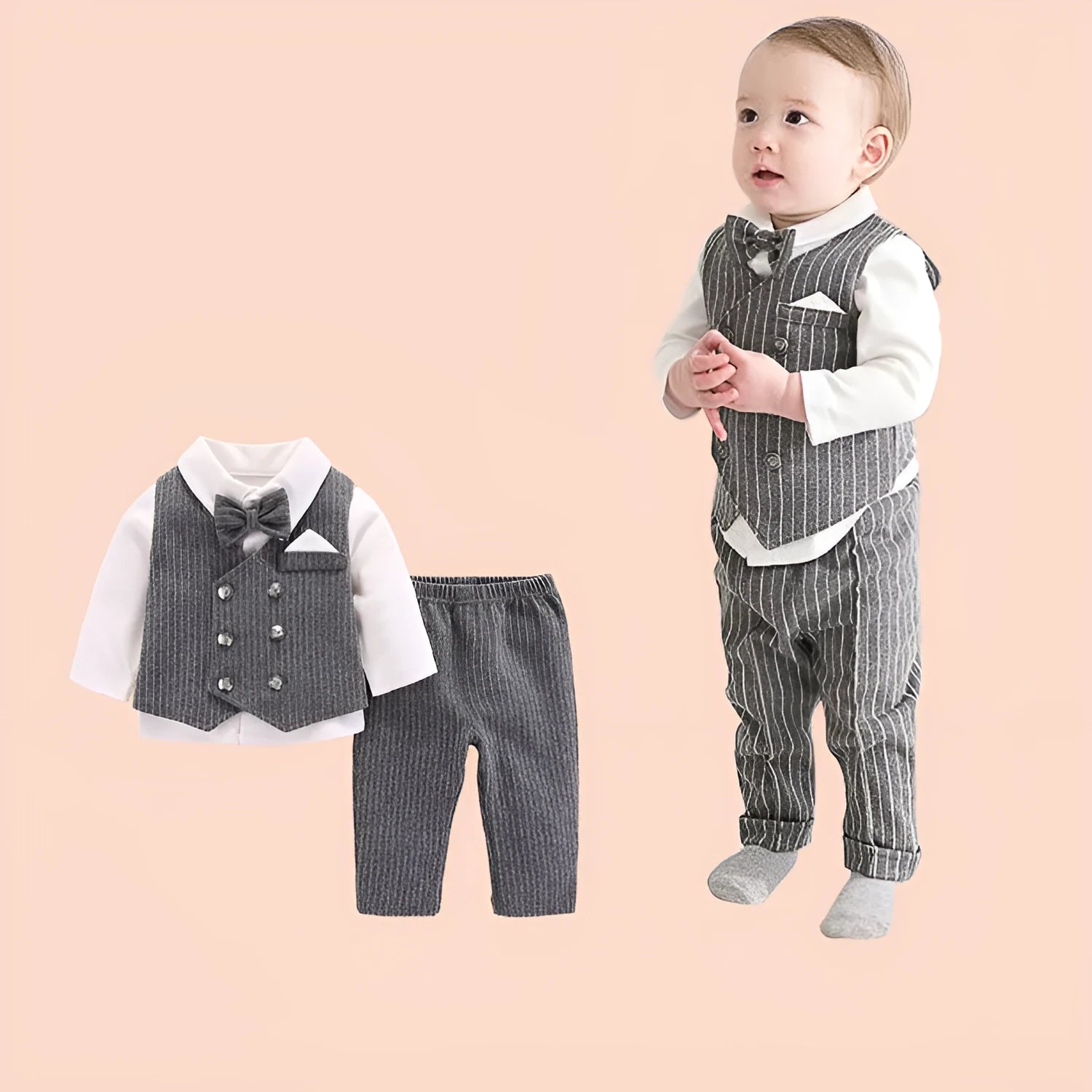 Baby new style gentleman split clothes set in grey including vest, trousers, and shirt, 95% cotton, sizes 3-12 months
