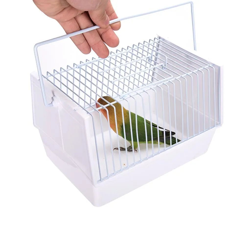Small portable bird travel cage in black with top skylight and two feeders, 21 x 13 x 13 cm